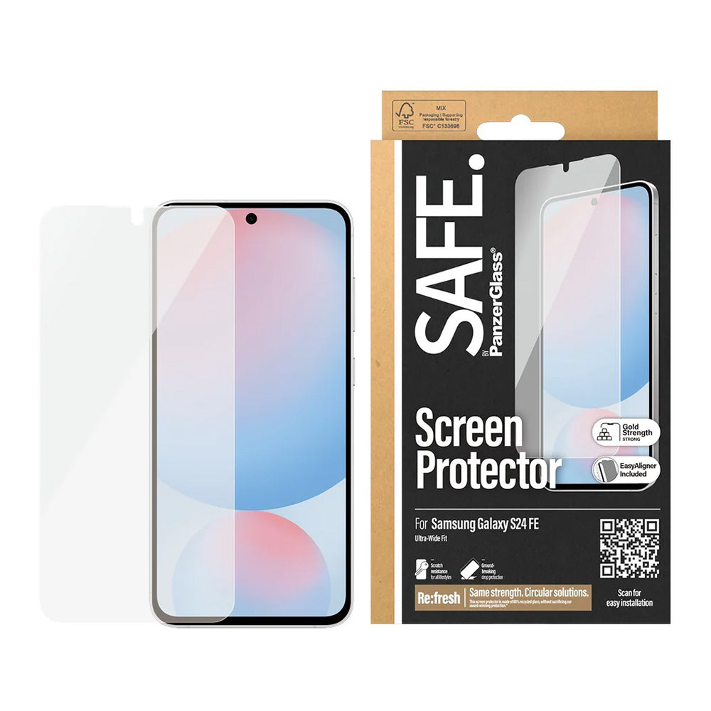 Película Protetora de Ecrã PanzerGlass Safe. Ultra-Wide Fit EasyAligner para Samsung Galaxy S24 FE S721, Vidro Temperado, Full Glue.