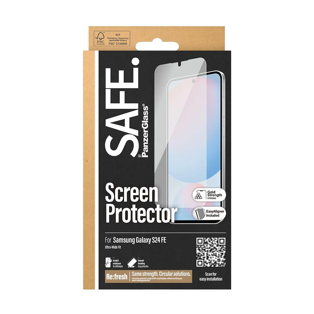 Película Protetora de Ecrã PanzerGlass Safe. Ultra-Wide Fit EasyAligner para Samsung Galaxy S24 FE S721, Vidro Temperado, Full Glue.