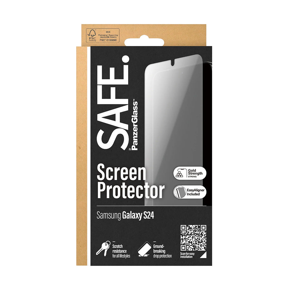 Película Protetora de Ecrã PanzerGlass Safe. Ultra-Wide Fit EasyAligner para Samsung Galaxy S24 S921, Vidro Temperado, Full Glue.