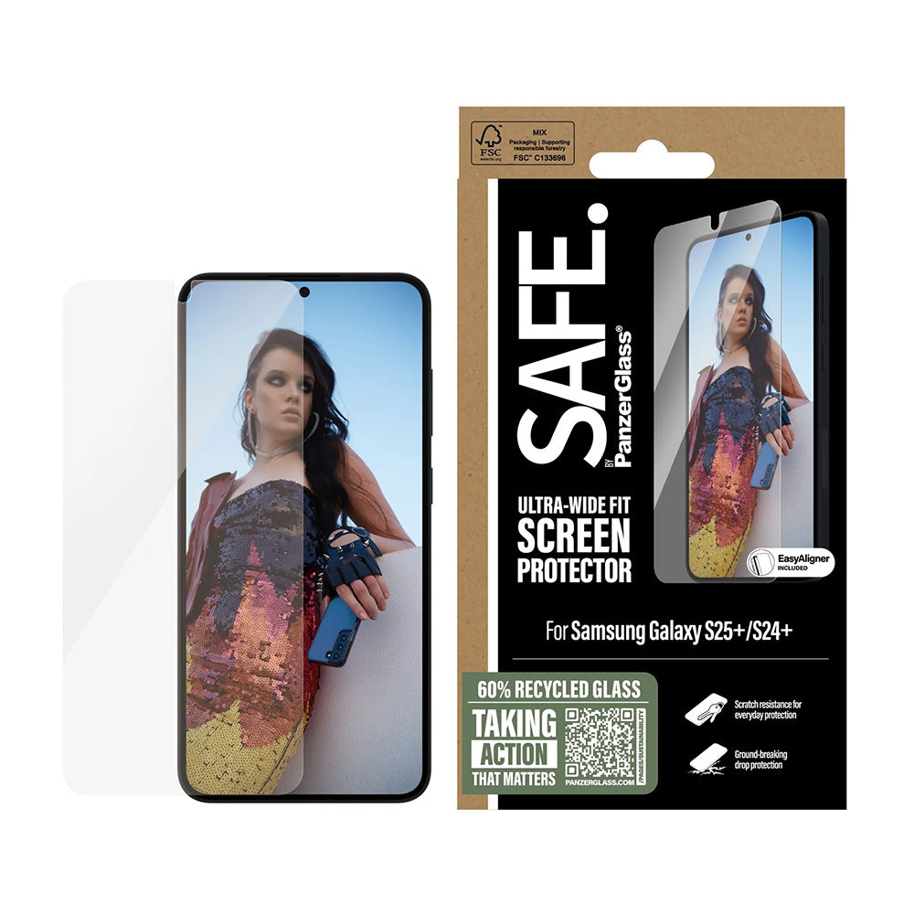 Película Protetora de Ecrã PanzerGlass Safe. Ultra-Wide Fit EasyAligner para Samsung Galaxy S25+ S936 / S24+ S926, Vidro Temperado, Full Glue.