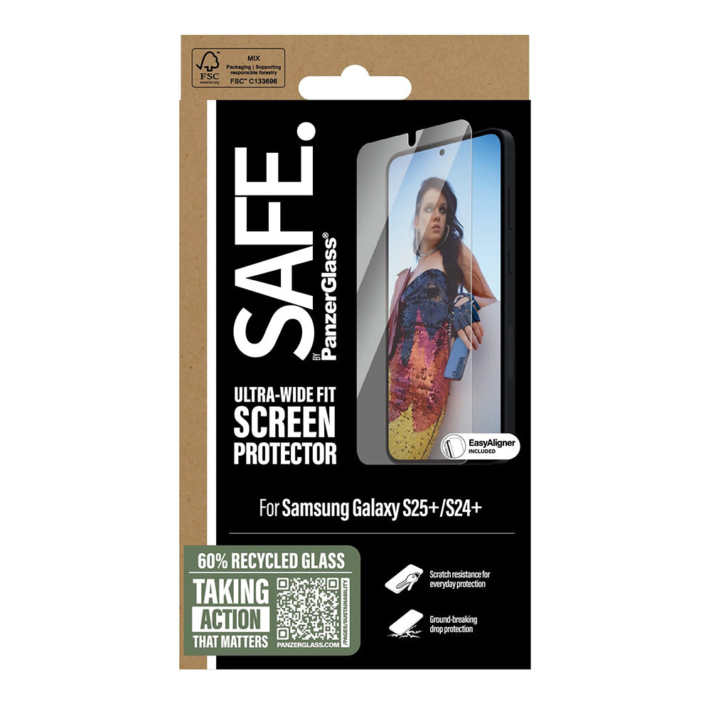 Película Protetora de Ecrã PanzerGlass Safe. Ultra-Wide Fit EasyAligner para Samsung Galaxy S25+ S936 / S24+ S926, Vidro Temperado, Full Glue.