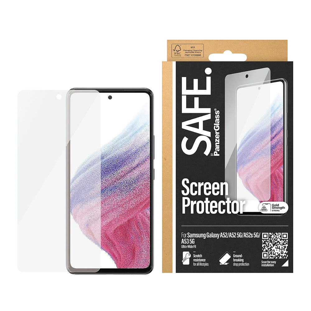 Película Protetora de Ecrã PanzerGlass Safe. Ultra-Wide Fit para Samsung Galaxy A53 5G A536 / A52s 5G A528 / A52 5G A526, Vidro Temperado, Colagem Total.