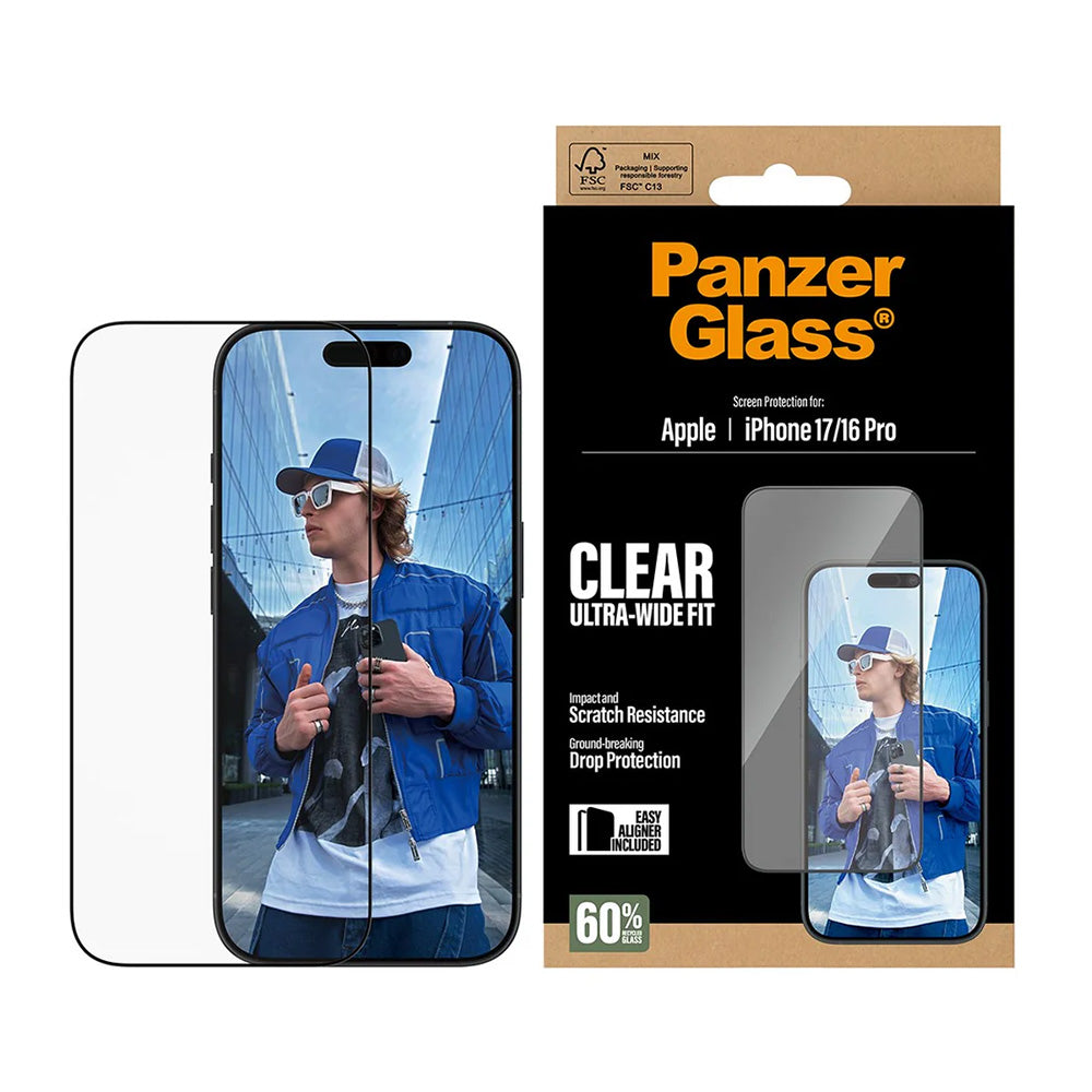 PanzerGlass Ultra-Wide Fit EasyAligner Screen Protector for Apple iPhone 17 / 16 Pro, Tempered Glass, Full Glue, Black