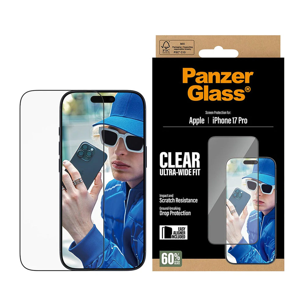 Película Protetora de Ecrã PanzerGlass Ultra-Wide Fit EasyAligner para Apple iPhone 17 Pro, Vidro Temperado, Full Glue, Preta
