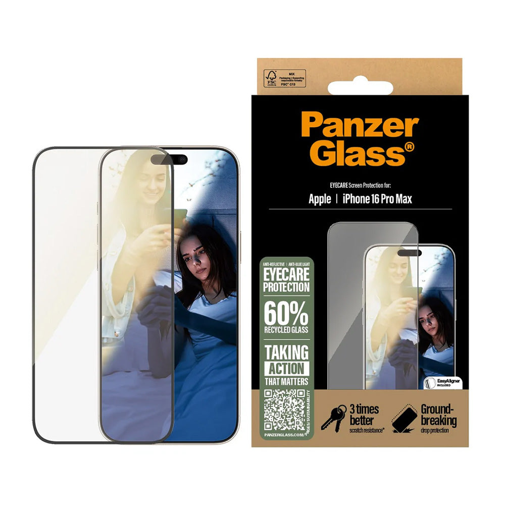 Película Protetora de Ecrã PanzerGlass Ultra-Wide Fit EyeCare para Apple iPhone 16 Pro Max, Vidro Temperado, Full Glue, Preta