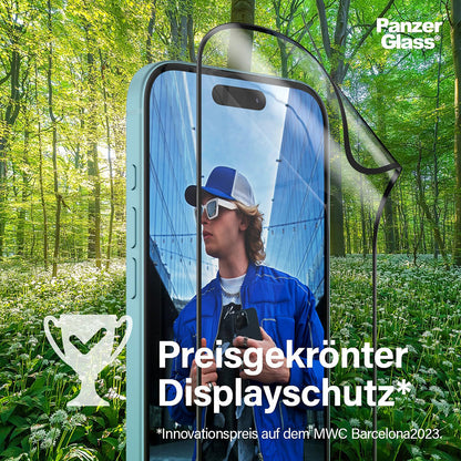 Película Protetora de Ecrã PanzerGlass Ultra-Wide Fit EyeCare para Apple iPhone 16 Pro Max, Vidro Temperado, Full Glue, Preta