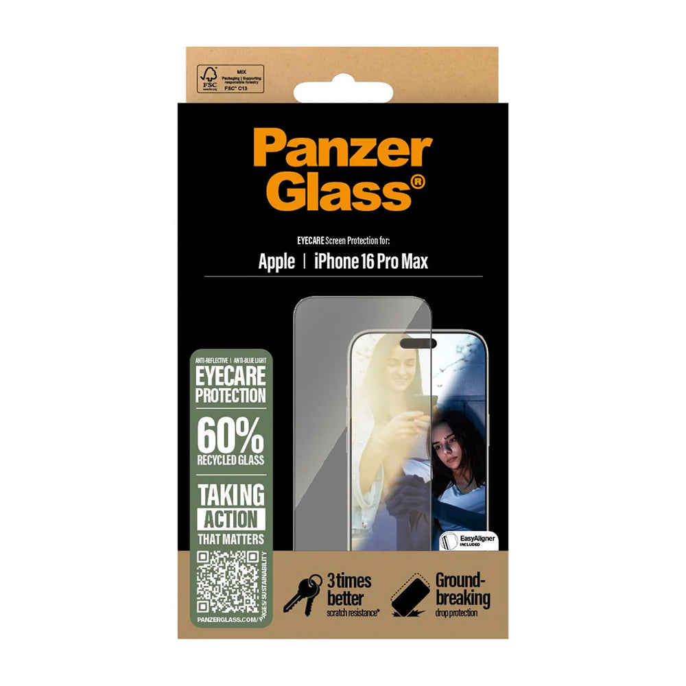 Película Protetora de Ecrã PanzerGlass Ultra-Wide Fit EyeCare para Apple iPhone 16 Pro Max, Vidro Temperado, Full Glue, Preta