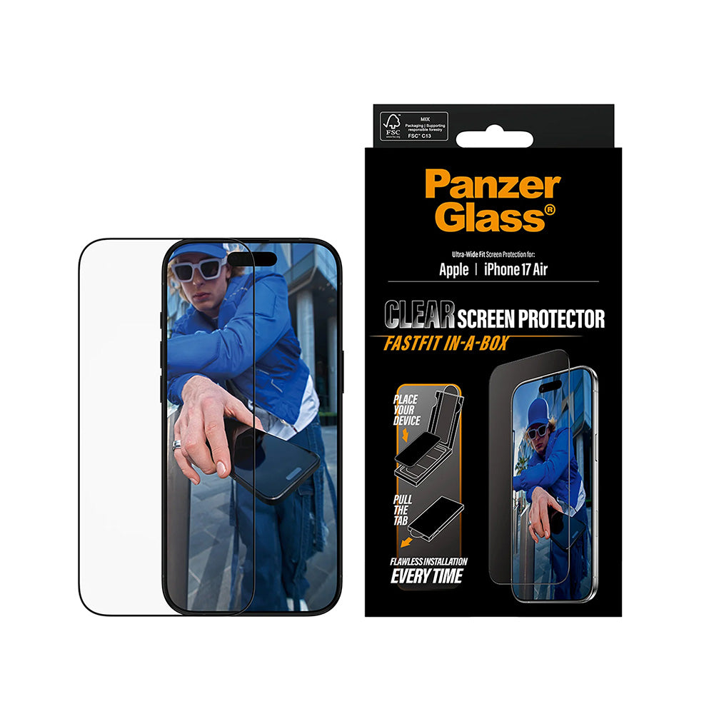 Película Protetora de Ecrã PanzerGlass Ultra-Wide Fit Fastfit para Apple iPhone 17 Air, Vidro Temperado, Full Glue, Preta