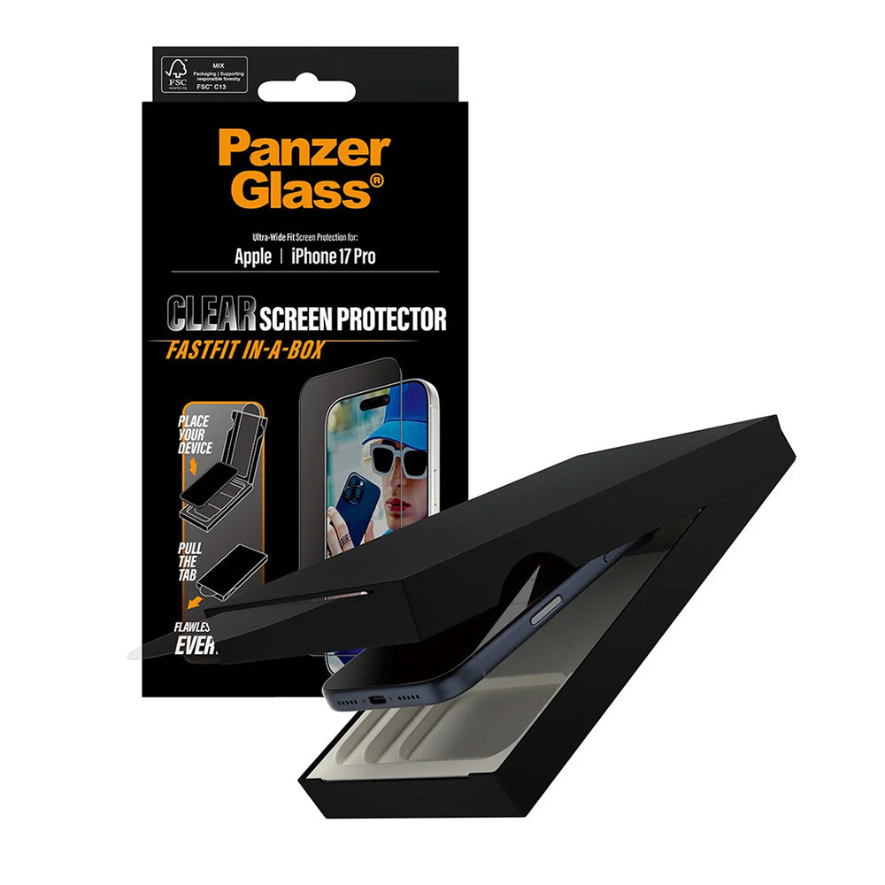 Película Protetora de Ecrã PanzerGlass Ultra-Wide Fit Fastfit para Apple iPhone 17 Pro, Vidro Temperado, Full Glue, Preta