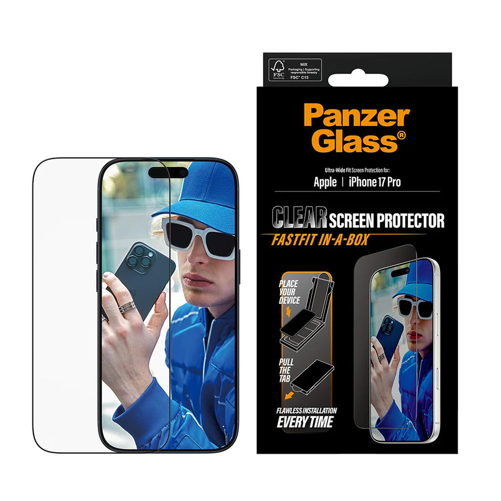 Película Protetora de Ecrã PanzerGlass Ultra-Wide Fit Fastfit para Apple iPhone 17 Pro, Vidro Temperado, Full Glue, Preta