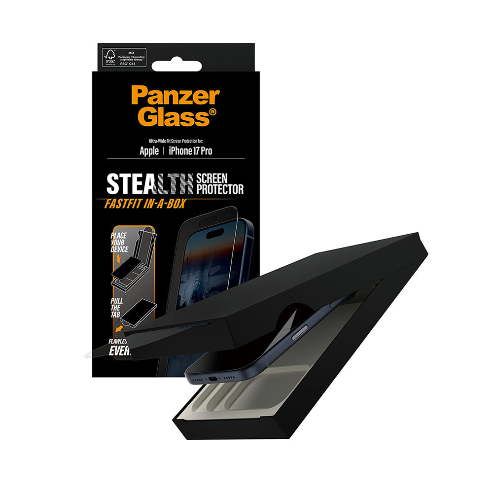 Película Protetora de Ecrã PanzerGlass Ultra-Wide Fit Stealth Fastfit para Apple iPhone 17 Pro, Vidro Temperado, Full Glue, Preta