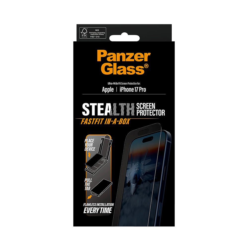 Película Protetora de Ecrã PanzerGlass Ultra-Wide Fit Stealth Fastfit para Apple iPhone 17 Pro, Vidro Temperado, Full Glue, Preta