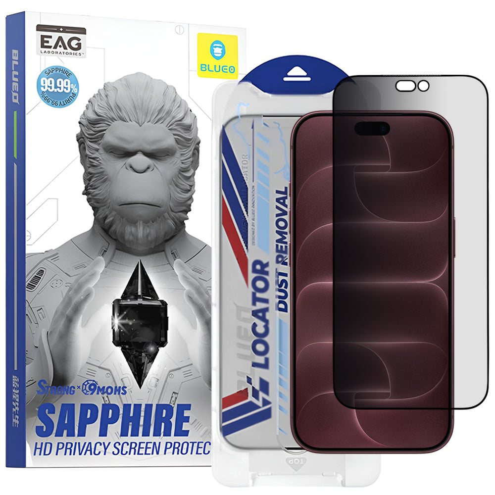 Película de proteção de ecrã Privacy Blueo Premium Sapphire Applicator para Apple iPhone 18 Pro Max, vidro temperado, adesivo integral