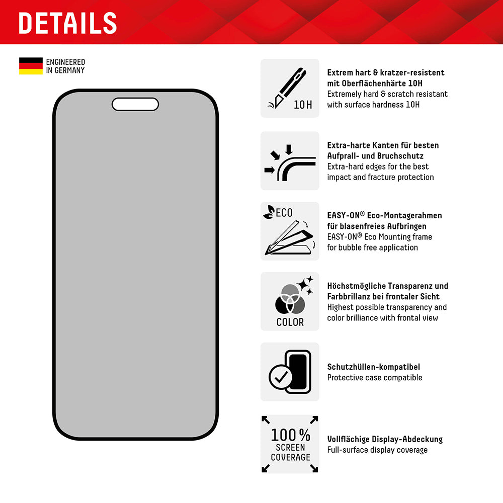 Película protetora de ecrã Privacy Displex Real Glass para Apple iPhone 16 Plus, Vidro Temperado, Cola Total