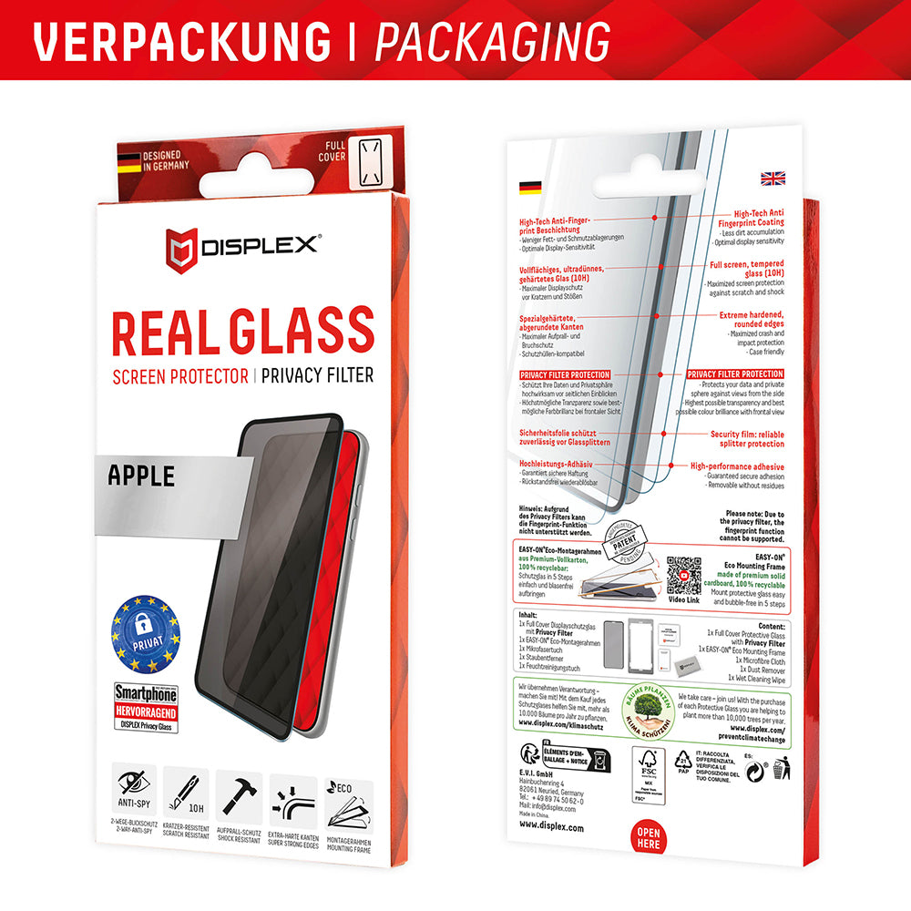 Película protetora de ecrã Privacy Displex Real Glass para Apple iPhone 16 Plus, Vidro Temperado, Cola Total