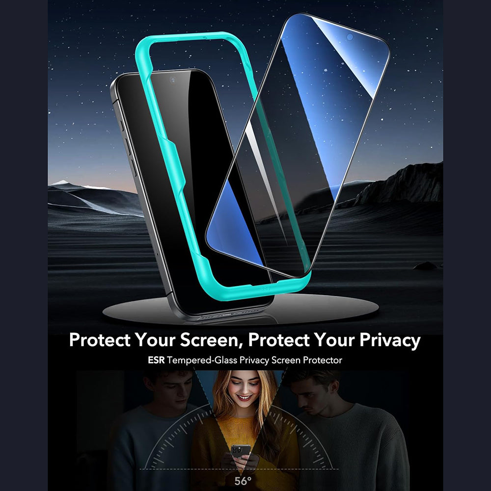 Película de Proteção Ecran Privacy ESR para Apple iPhone 17 / 16 Pro, Vidro Temperado, Full Glue, Conjunto de 3 peças