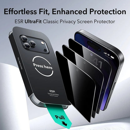 Película protetora de ecrã Privacy ESR UltraFit Classic para Apple iPhone 18 Pro, Vidro Temperado, Cola Total, Conjunto de 3 unidades