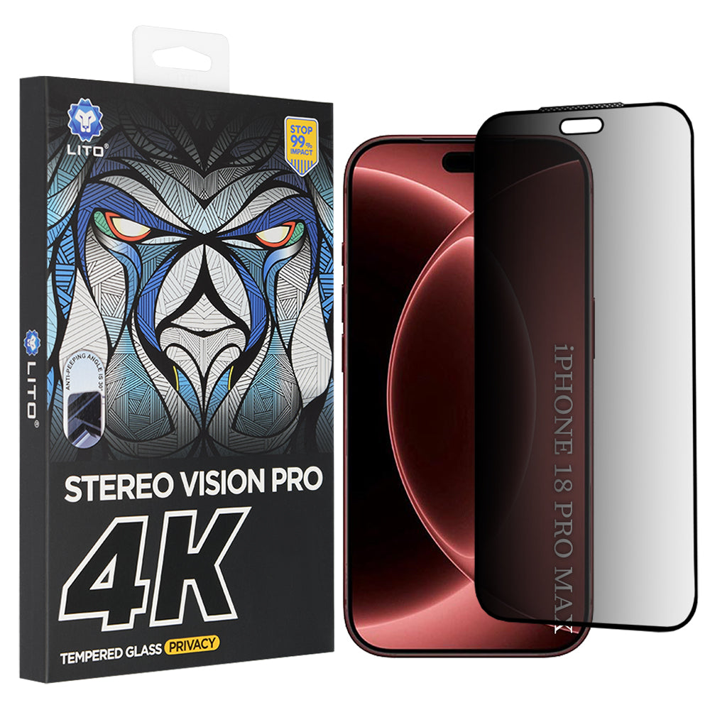 Película de proteção de ecrã Privacy Lito D+ Max 4K para Apple iPhone 18 Pro Max, Vidro Temperado, Cola Total