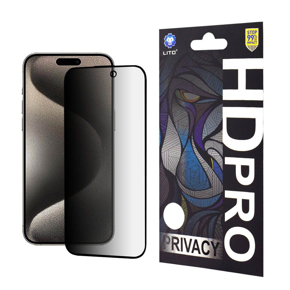 Película protetora de ecrã Privacy Lito HD Pro para Apple iPhone 15 Pro Max, Vidro Temperado, Cola Total