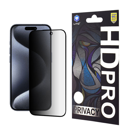 Película protetora de ecrã Privacy Lito HD Pro para Apple iPhone 15 Pro, Vidro Temperado, Cola Total