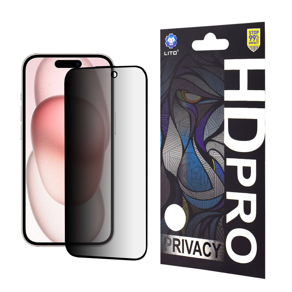 Película protetora de ecrã Privacy Lito HD Pro para Apple iPhone 15, Vidro Temperado, Cola Total