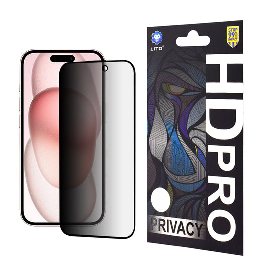 Película protetora de ecrã Privacy Lito HD Pro para Apple iPhone 15, Vidro Temperado, Cola Total