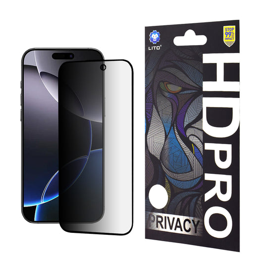 Película protetora de ecrã Privacy Lito HD Pro para Apple iPhone 16 Pro Max, Vidro Temperado, Cola Total