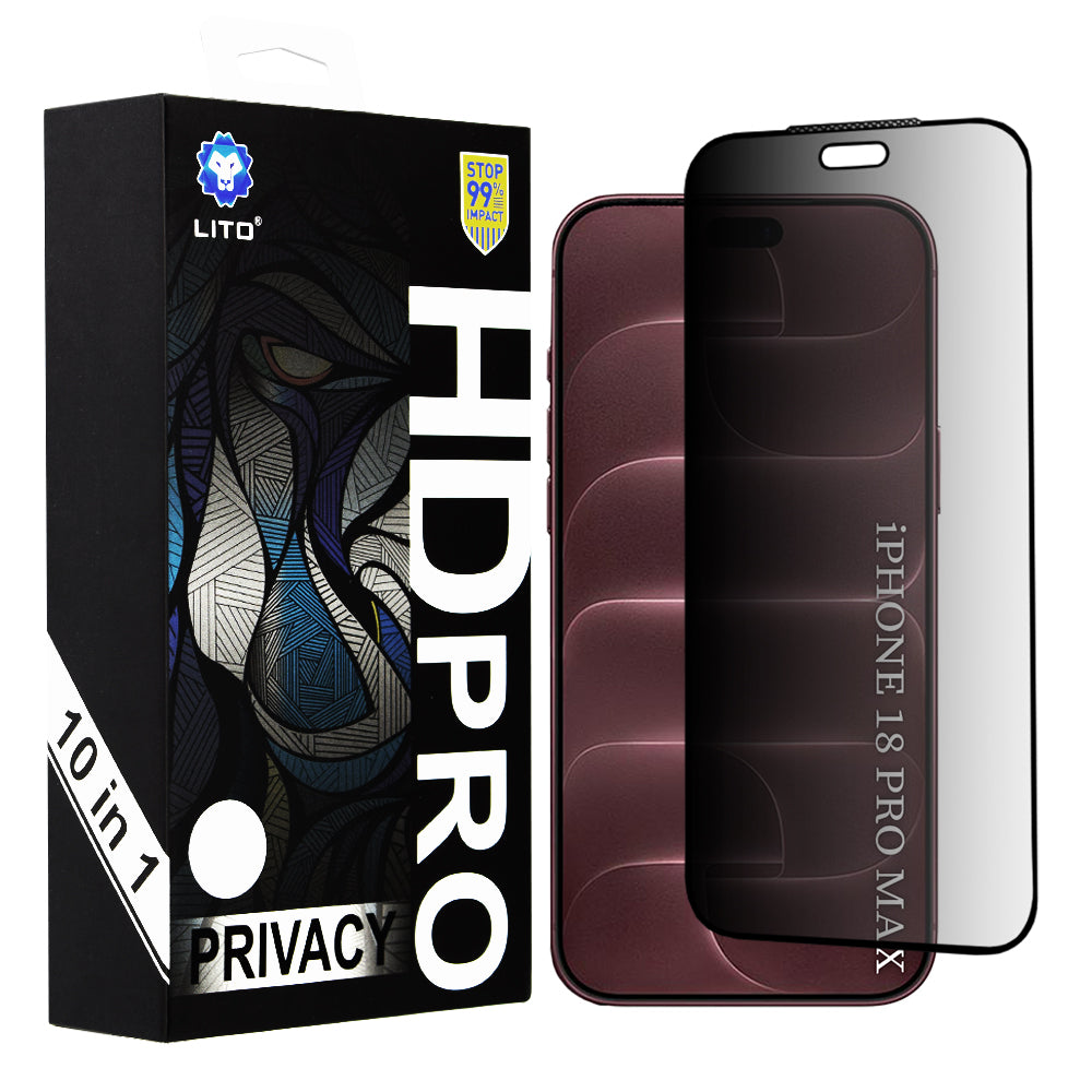 Película de Proteção de Ecrã Privacy Lito HD Pro para Apple iPhone 18 Pro Max, Vidro Temperado, Full Glue, Conjunto de 10 unidades