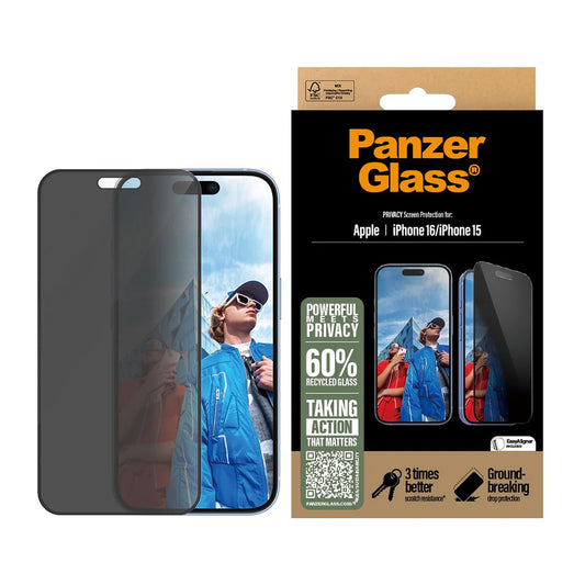 Privacy Screen Protector PanzerGlass Ultra-Wide Fit EasyAligner for Apple iPhone 16 / 15, Tempered Glass, Full Glue