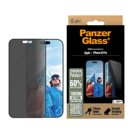Película de Proteção de Ecrã Privacy PanzerGlass Ultra-Wide Fit EasyAligner para Apple iPhone 16 Pro, Vidro Temperado, Full Glue