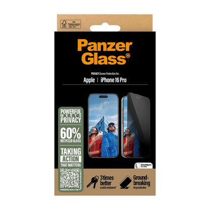 Película de Proteção de Ecrã Privacy PanzerGlass Ultra-Wide Fit EasyAligner para Apple iPhone 16 Pro, Vidro Temperado, Full Glue