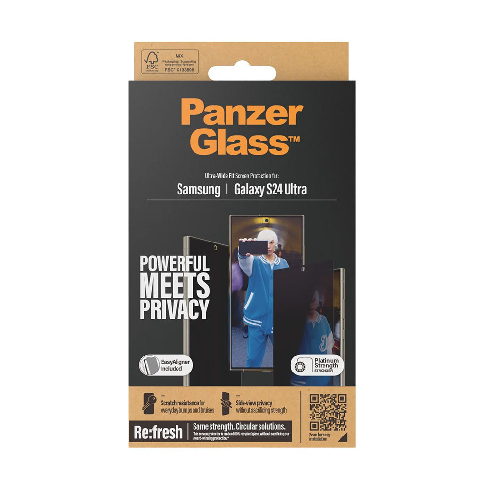 Privacy Screen Protector PanzerGlass Ultra-Wide Fit EasyAligner for Samsung Galaxy S24 Ultra S928, Tempered Glass, Full Glue