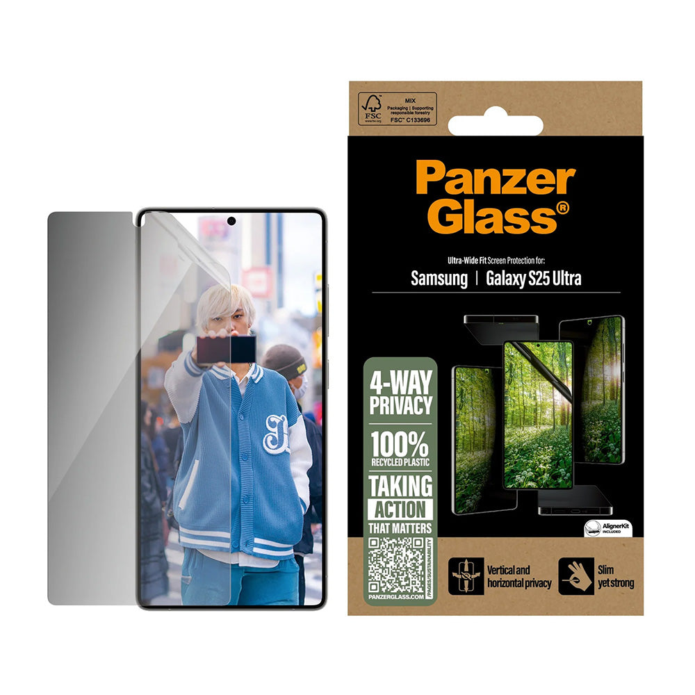 Película de Proteção de Ecrã Privacy PanzerGlass Ultra-Wide Fit Eco Matrix 4-Way para Samsung Galaxy S25 Ultra S938, Vidro Temperado, Colagem Total