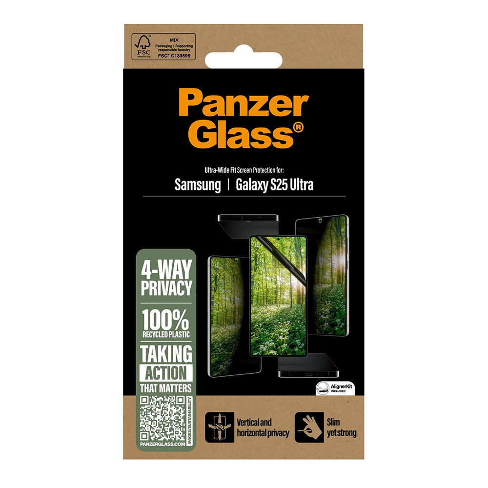 Película de Proteção de Ecrã Privacy PanzerGlass Ultra-Wide Fit Eco Matrix 4-Way para Samsung Galaxy S25 Ultra S938, Vidro Temperado, Colagem Total