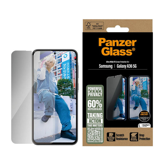 Película de Proteção de Ecrã Privacy PanzerGlass Ultra-Wide Fit para Samsung Galaxy A36 A366, Vidro Temperado, Full Glue