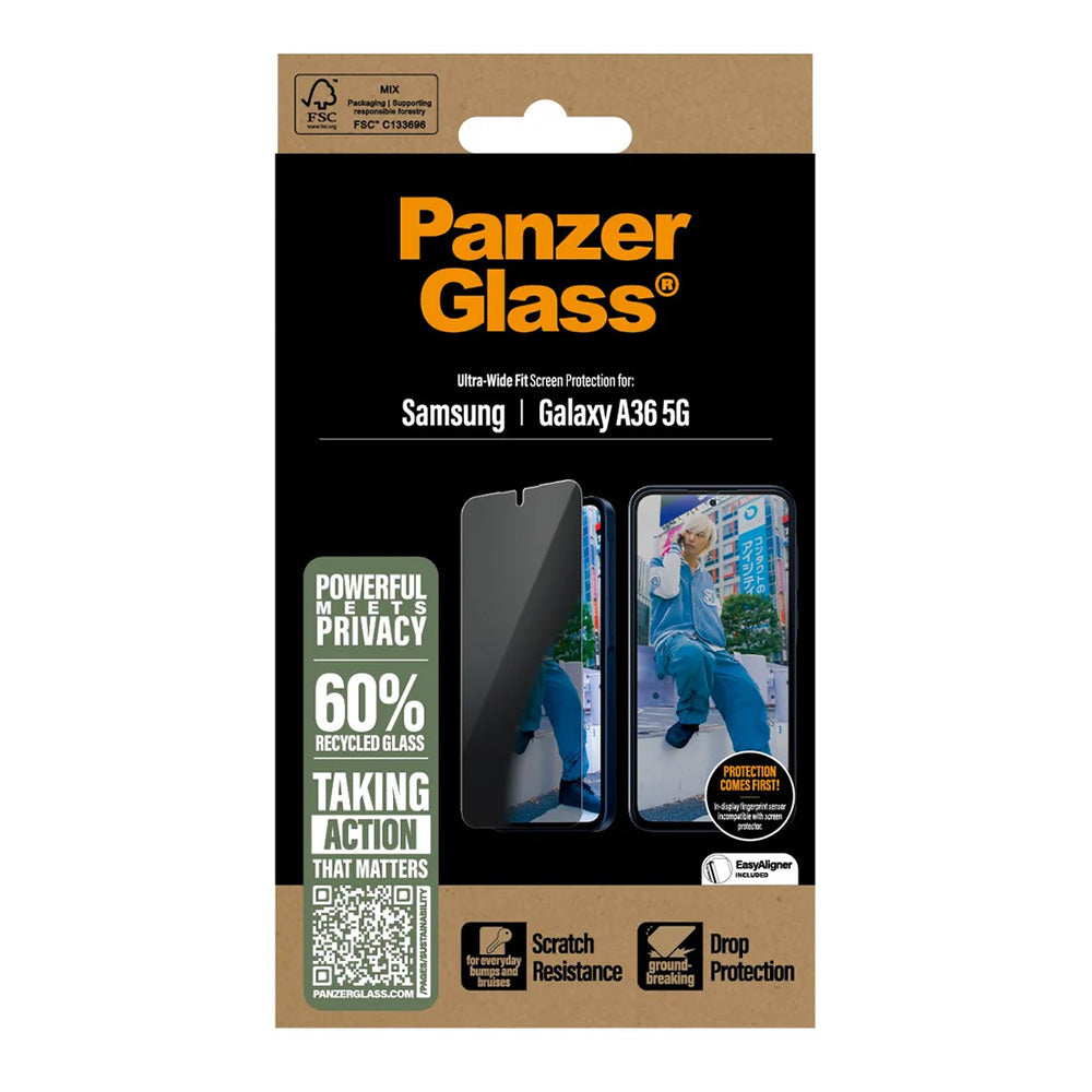 Película de Proteção de Ecrã Privacy PanzerGlass Ultra-Wide Fit para Samsung Galaxy A36 A366, Vidro Temperado, Full Glue