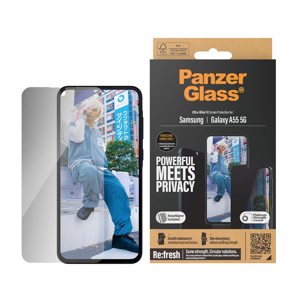 Película de Proteção de Ecrã Privacy PanzerGlass Ultra-Wide Fit para Samsung Galaxy A55 5G A556, Vidro Temperado, Full Glue