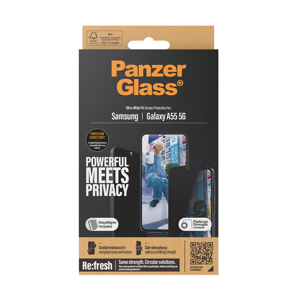Película de Proteção de Ecrã Privacy PanzerGlass Ultra-Wide Fit para Samsung Galaxy A55 5G A556, Vidro Temperado, Full Glue