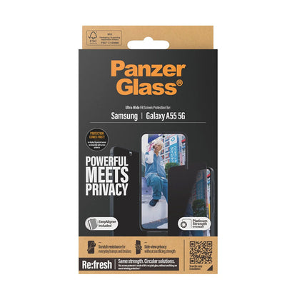 Película de Proteção de Ecrã Privacy PanzerGlass Ultra-Wide Fit para Samsung Galaxy A55 5G A556, Vidro Temperado, Full Glue
