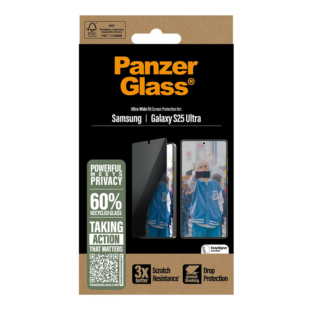 Película de Proteção de Ecrã Privacy PanzerGlass Ultra-Wide Fit para Samsung Galaxy S25 Ultra S938, Vidro Temperado, Full Glue