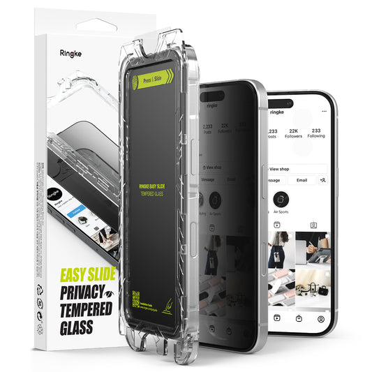 Película de Proteção de Ecrã Privacy Ringke Easy Slide para Apple iPhone 16 Plus / 15 Plus, Vidro Temperado, Colagem Total, Conjunto de 2 Peças
