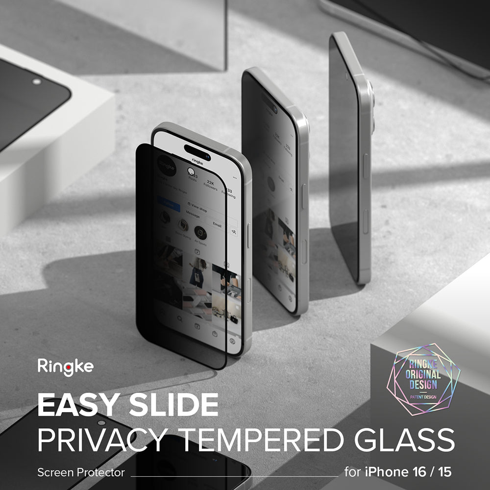 Película de Proteção de Ecrã Privacy Ringke Easy Slide para Apple iPhone 16 Plus / 15 Plus, Vidro Temperado, Colagem Total, Conjunto de 2 Peças