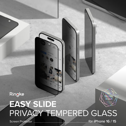 Película de Proteção de Ecrã Privacy Ringke Easy Slide para Apple iPhone 16 Plus / 15 Plus, Vidro Temperado, Colagem Total, Conjunto de 2 Peças