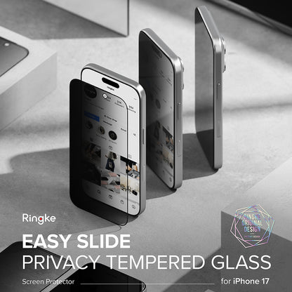 Película de proteção de ecrã Privacy Ringke Easy Slide para Apple iPhone 17 Pro, Vidro Temperado, Cola Total, Conjunto de 2 unidades