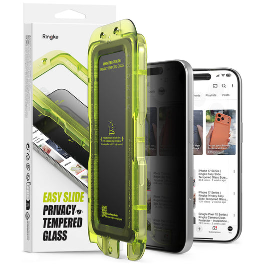 Película protetora de ecrã Privacy Ringke Easy Slide para Apple iPhone 18 Pro, Vidro Temperado, Cola Total, Conjunto de 2 unidades