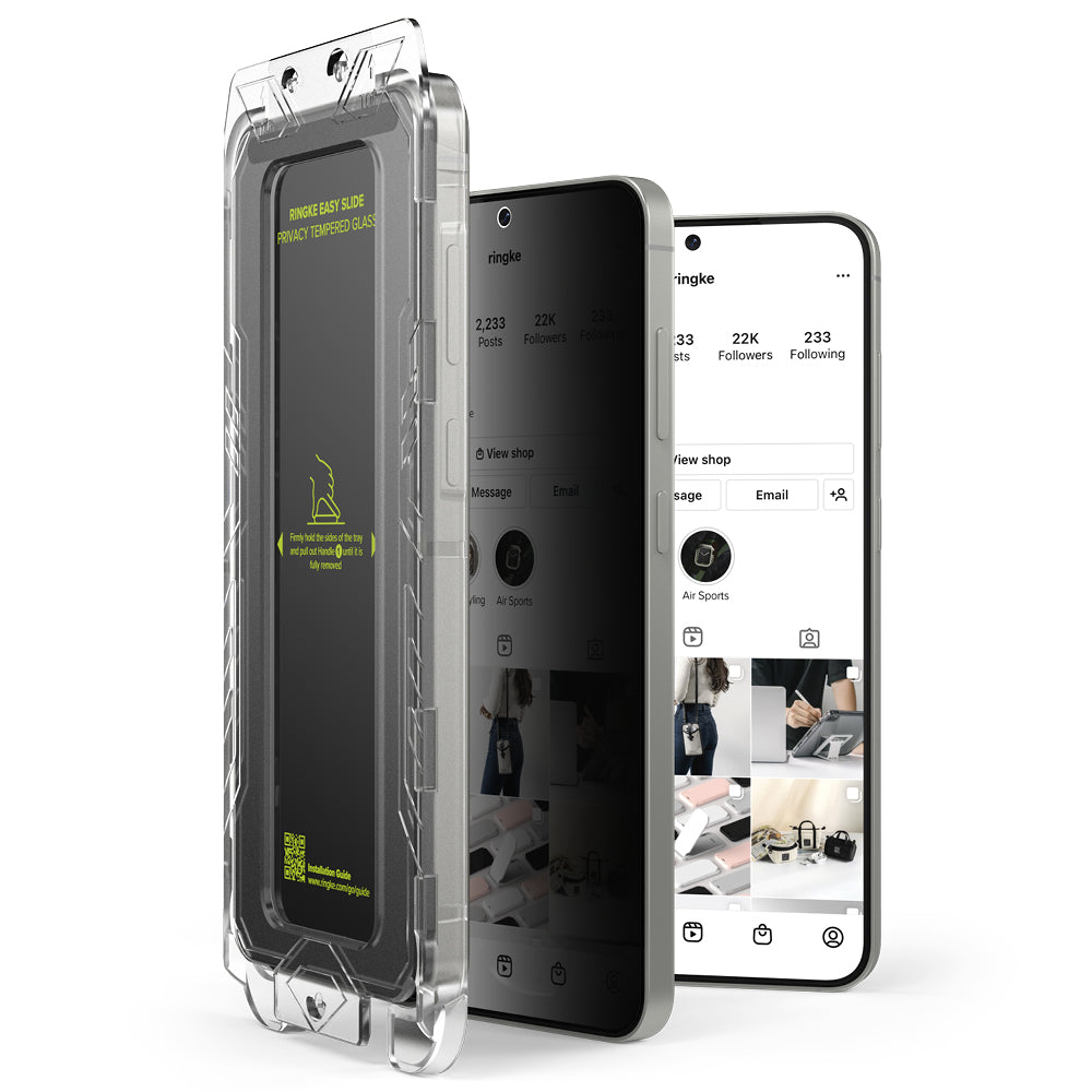 Película protetora de ecrã Privacy Ringke Easy Slide para Samsung Galaxy S25+ S936, Vidro Temperado, Cola Total, Conjunto de 2 unidades