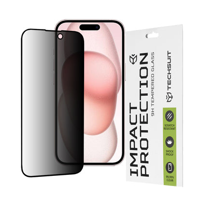 Película protetora de ecrã Privacy Techsuit para Apple iPhone 16 / 15, Vidro Temperado, Cola Total, 111D