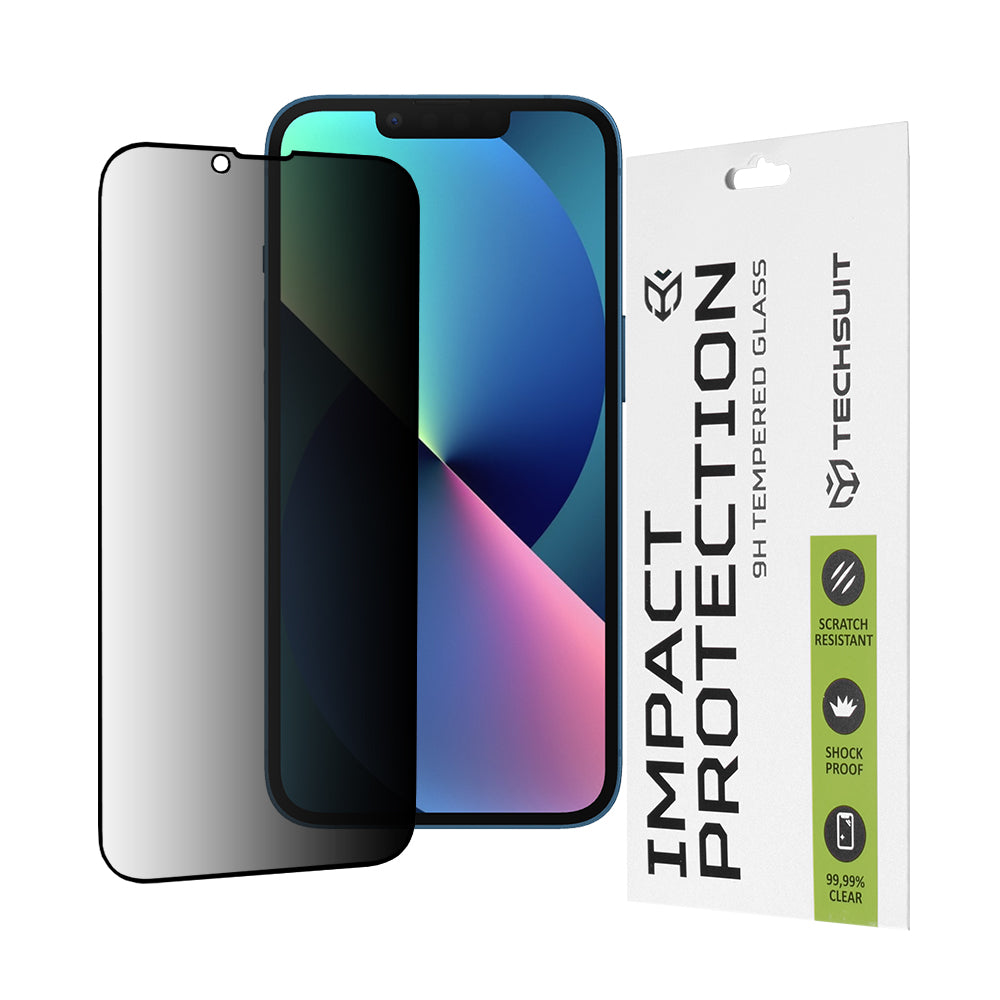 Película protetora de ecrã Privacy Techsuit para Apple iPhone 17e / 16e / 14 / 13 Pro, Vidro Temperado, Cola Total, 111D