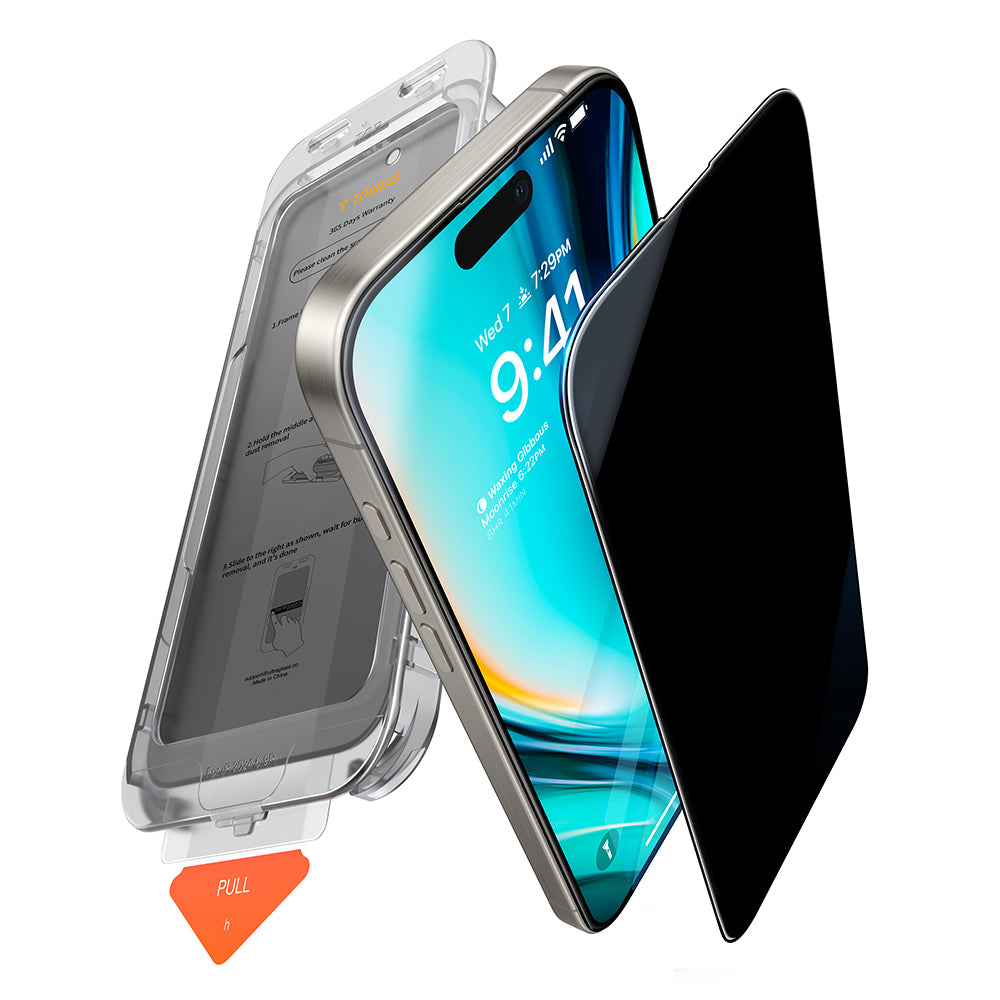 Película de proteção de ecrã Privacy Torras GlassGo Install Master para Apple iPhone 16 Pro Max, Vidro Temperado, Cola Total