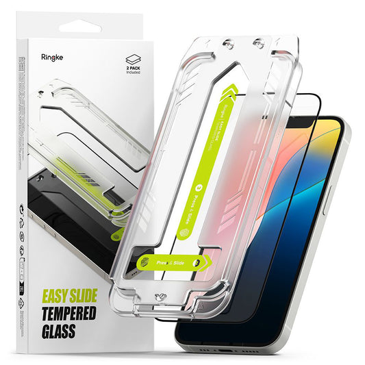 Película protetora de ecrã Ringke Easy Slide para Apple iPhone 17e / 16e / 14 / 13 Pro, Vidro Temperado, Cola Total, Conjunto de 2 peças, Preto